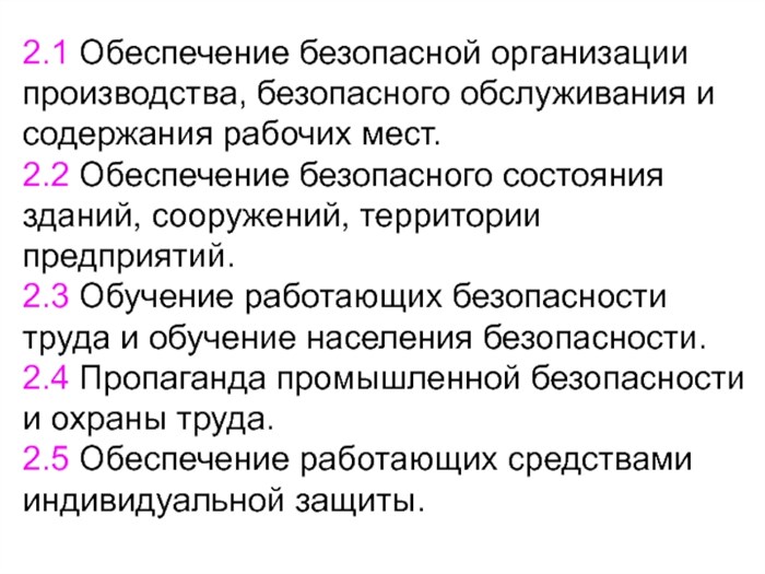 2.1 Обеспечение безопасной организации производства, безопасного обслуживания и содержания рабочих мест.2.2 Обеспечение безопасного состояния зданий, сооружений, территории